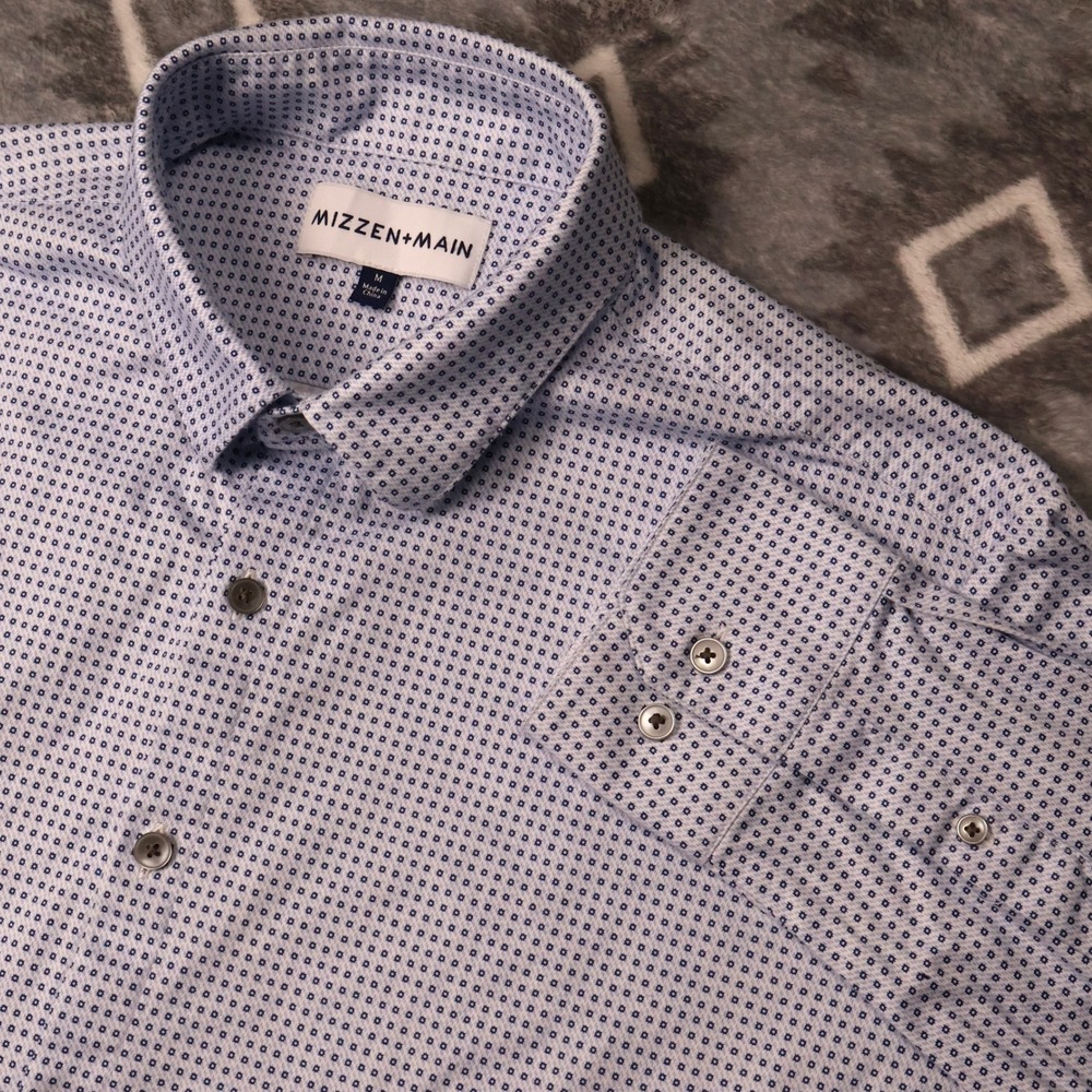 Mizzen+Main Performance Dress Shirt Mens M Blue White Micro Print